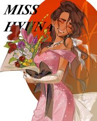 1girl absurdres alien_stage alternate_costume black_bow bouquet bow brown_hair character_name closed_eyes commentary cowboy_shot dark-skinned_female dark_skin dress earrings elbow_gloves english_commentary flower gloves highres holding holding_bouquet hyuna_(alien_stage) jewelry long_hair necklace off-shoulder_dress off_shoulder pink_dress pink_flower purple_flower red_flower smile solo sucipto_de_goya very_long_hair white_flower white_gloves yellow_flower