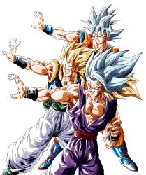 3boys araaaa453 black_vest blonde_hair blue_boots boots brothers clenched_teeth dougi dragon_ball dragon_ball_super dragon_ball_super_super_hero father_and_son gohan_beast gotenks grey_eyes grey_hair group_picture highres long_hair male_focus medium_hair metamoran_vest multiple_boys muscular muscular_male no_eyebrows orange_pants orange_shirt pants purple_pants purple_shirt red_eyes red_sash sash shirt siblings simple_background son_gohan son_goku spiked_hair super_saiyan super_saiyan_3 teeth ultra_instinct vest white_background white_pants