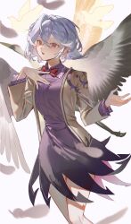 1girl absurdres cowboy_shot dress ender_xiaohai grey_hair grey_wings highres jacket kishin_sagume open_mouth purple_dress red_eyes short_hair solo touhou wings yellow_jacket