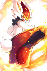 bright_pupils cinderace commentary_request fire from_below furry gen_8_pokemon highres leg_up looking_down nintendo open_mouth orange_eyes pokemon pokemon_(creature) pokemon_focus rumine_(yoshi1234567) solo teeth upper_teeth_only white_background white_pupils