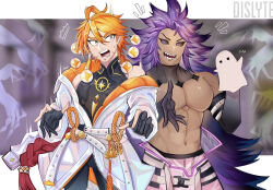 Rule 34 | 2boys, abs, black gloves, black sclera, coat, colored sclera, copyright name, dislyte, freckles, gloves, hand puppet, highres, large pectorals, li ling (nezha) (dislyte), long hair, multiple boys, muscular, muscular male, navel, no nipples, open mouth, orange eyes, orange hair, pectorals, puppet, purple hair, sharp teeth, tan, tang xuan (sun wukong) (dislyte), teeth, touoh, very long hair, white coat