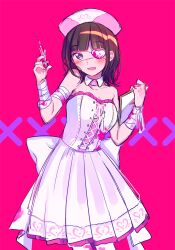 1girl :d bandaged_arm bandages bare_shoulders blunt_bangs blush breasts brown_hair clipboard collarbone commentary_request cross-laced_clothes cross-laced_dress detached_collar dress eyepatch frilled_dress frills fuji_fujino grey_eyes hands_up hat heart heart-shaped_pupils heart_eyepatch highres holding holding_clipboard holding_syringe looking_at_viewer medium_breasts medium_hair nijisanji nurse_cap official_alternate_costume one_eye_covered open_mouth pink_background pleated_dress simple_background smile solo strapless strapless_dress suzuka_utako suzuka_utako_(4th_costume) symbol-shaped_pupils syringe virtual_youtuber white_dress white_hat