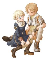 1boy 1girl blonde_hair blue_dress blue_eyes boots brown_boots brown_eyes brown_hair brown_shirt brown_shorts closed_mouth commentary_request cropped_jacket cross cross_necklace double_bun dress full_body grey_pants hair_bun high_heel_boots high_heels hunter_(ragnarok_online) ichiko jacket jewelry juliet_sleeves long_sleeves looking_at_another necklace open_mouth pants pants_under_shorts priest_(ragnarok_online) puffy_sleeves ragnarok_online shirt short_hair short_sleeves shorts simple_background sitting smile white_background white_jacket