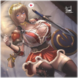1girl adapted_costume arm_guards armor artist_name bed blonde_hair blue_eyes bow bowtie braid breasts closed_mouth commentary_request hand_on_own_chest highres large_breasts lips long_hair looking_at_viewer lying on_back on_bed pillow shield shiny_skin shoulder_pads signature single_braid skirt smile solo sophitia_alexandra soul_calibur speech_bubble sword thighhighs tomo_eokaiteru weapon zettai_ryouiki