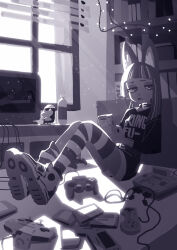 Rule 34 | 1girl, animal ear fluff, animal ears, black shirt, book, bottle, collar, controller, crt, cup, eyeshadow, figure, game cartridge, game console, game controller, greyscale, hanabushi, handheld game console, highres, holding, holding handheld game console, kung-fu-piggy, light particles, looking to the side, makeup, medium hair, monochrome, nintendo 64, nintendo 64 controller, open mouth, print shirt, sammy (kung-fu-piggy), shirt, shorts, socks, striped clothes, striped socks, super famicom, super famicom gamepad, super nintendo, television, window