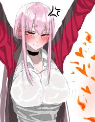 1girl absurdres anger_vein black_choker blunt_bangs blush breasts carrot_011 choker collarbone heart highres hololive hololive_english implied_yuri jacket large_breasts long_hair mori_calliope multicolored_jacket pink_hair red_eyes rolling_eyes shirt sidelocks two-tone_jacket very_long_hair virtual_youtuber white_shirt