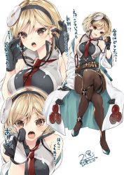 1girl 218 belt blonde_hair brown_eyes coat collared_shirt djeeta_(granblue_fantasy) doctor_(granblue_fantasy) gloves granblue_fantasy hairband lab_coat necktie open_clothes open_coat open_mouth pantyhose shirt short_hair signature simple_background sleeveless sleeveless_shirt stethoscope translation_request white_background
