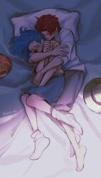 2boys blue_hair blue_shorts buggy_the_clown closed_eyes closed_mouth clown_nose crying grey_pants hat highres hug lying multiple_boys on_bed on_side one_piece orange_hat pants pillow red_hair shanks_(one_piece) shirt short_hair short_sleeves shorts sleeping socks striped_clothes striped_shirt vamos_mk white_shirt white_socks yaoi