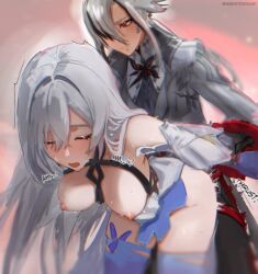 2girls arlecchino_(genshin_impact) black_hair blush breasts closed_eyes dildo genshin_impact hashtag-only_commentary long_hair multicolored_hair multiple_girls nineistiredasf nipples open_mouth parted_lips sex_toy skirk_(genshin_impact) strap-on white_hair yuri