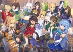 Rule 34 | &gt; &lt;, 3boys, :d, :p, ahoge, alcohol, aqua (konosuba), armor, bandaged leg, bandages, beer, beer mug, belt, bird, black cape, black gloves, black hair, black legwear, black panties, black shirt, black suit, blonde hair, blouse, blue eyes, blue hair, blue scarf, blue shorts, blush, bob cut, boots, box, braid, bread, brown belt, brown eyes, brown footwear, brown hair, cabbage, cape, chicken, chomusuke, chris (konosuba), cleaned, closed eyes, crop top, cup, darkness (konosuba), dress, dress tug, drunk, dust (konosuba), dutch angle, elbow gloves, embarrassed, everyone, excited, fingerless gloves, flying, folding fan, food, food-themed hair ornament, formal clothes, fruit, fur trim, garter straps, gloves, grape hair ornament, green cape, green dress, green eyes, hair ornament, hair over one eye, hair up, hand fan, hand on own chin, hands on own hips, hat, holding, holding unworn clothes, holding fan, holding food, holding fruit, holding underwear, holding unworn clothes, iris (konosuba), jacket, komekko, kono subarashii sekai ni shukufuku wo!, lean (konosuba), looking at viewer, luna (konosuba), mask, megumin, melon, midriff, mishima kurone, mug, multiple boys, multiple girls, off shoulder, official art, open mouth, panties, pants, plate, ponytail, potion, purple dress, purple eyes, raised eyebrows, red dress, red eyes, red jacket, salad, satou kazuma, scarf, shirt, short hair, shorts, siblings, silver hair, single braid, single thighhigh, sisters, smile, star (symbol), star hair ornament, suit, suit jacket, table, thighhighs, tongue, tongue out, underwear, unworn hat, unworn headwear, vanir, white armor, white gloves, white shirt, witch hat, wiz (konosuba), yellow dress, yunyun (konosuba)