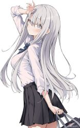 1girl :&lt; absurdres arm_behind_back arm_up artist_name bag black_bag black_skirt blue_bow blush bow breasts closed_mouth collared_shirt commentary_request from_behind from_side grey_eyes grey_hair hair_between_eyes hamigakikoice hand_in_own_hair highres holding holding_bag long_hair long_sleeves looking_at_viewer medium_breasts original pleated_skirt shirt shirt_bow shirt_tucked_in sidelocks simple_background skirt solo thighs very_long_hair white_background white_shirt