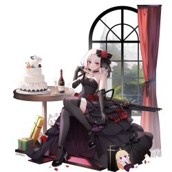 1girl black_choker black_dress black_gloves black_thighhighs breasts bust_cup cake champagne_flute choker cleavage cup dress drinking_glass elbow_gloves food forehead gloves high_heels highres holding holding_cup jewelry long_hair looking_at_viewer medium_breasts necklace pouring pouring_onto_self red_eyes sitting smile strapless strapless_dress thighhighs vittorio_veneto_(warship_girls_r) warship_girls_r white_hair xnnagu