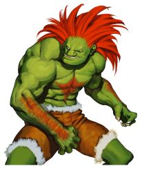 Rule 34 | 1boy, arm hair, blanka, capcom vs snk, chest hair, colored skin, fangs, fighting stance, fingernails, game cg, green skin, grin, highres, ikeno daigo, looking to the side, male focus, muscular, muscular male, non-web source, official art, orange hair, pants, sharp fingernails, sharp teeth, smile, solo, street fighter, teeth, topless male, torn clothes, torn pants, white background