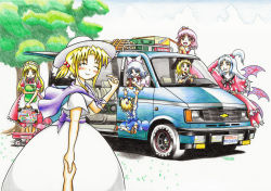 6+girls ahoge alice_margatroid alice_margatroid_(pc-98) anger_vein ankle_socks apron arm_behind_head artist_name blonde_hair blue_eyes blue_hair blue_sky blush book boombox bow capelet chevrolet clenched_teeth closed_eyes cloud colored_pencil_(medium) demon_wings dress facing_viewer fanta goodyear grass grimace hair_bobbles hair_bow hair_ornament hand_on_own_head hat holding_hands jumping louise_(touhou) mai_(touhou) maid_headdress minivan motor_vehicle multiple_girls mystic_square nib_pen_(medium) outstretched_arms pen_(medium) pink_eyes pink_hair pov pov_hands puffy_short_sleeves puffy_sleeves red_dress ribbon sara_(touhou) sash shinki_(touhou) short_sleeves side_ponytail signature sky smile socks suitcase teeth tomozo8674 touhou touhou_(pc-98) traditional_media tree van wagon waist_apron white_dress white_hair wings yellow_eyes yuki_(touhou) yumeko_(touhou)