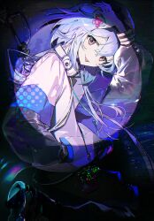 1boy :p absurdres arknights blue_hair closed_mouth commentary headphones headphones_around_neck highres male_focus mizuki_(a_player_forever)_(arknights) mizuki_(arknights) official_alternate_costume pink_eyes short_hair short_hair_with_long_locks solo tongue tongue_out xing_(gloryxing)