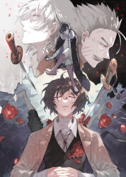 5boys absurdres bandaged_arm bandaged_neck bandages barefoot black_coat black_hair bolo_tie brown_coat brown_hair bungou_stray_dogs camellia chess_piece closed_eyes closed_mouth coat collared_shirt commentary_request crossed_legs dazai_osamu_(bungou_stray_dogs) facial_hair facial_scar flower fukuchi_ouchi_(bungou_stray_dogs) fukuzawa_yukichi_(bungou_stray_dogs) fur-trimmed_coat fur_trim fyodor_dostoyevsky_(bungou_stray_dogs) grey_hair hair_between_eyes harukawa_sango highres holding holding_chess_piece interlocked_fingers long_sleeves male_focus multiple_boys multiple_scars mustache nakajima_atsushi_(bungou_stray_dogs) official_art open_clothes open_coat own_hands_together pants parted_lips petals purple_eyes red_eyes red_flower scar scar_on_cheek scar_on_face shirt shoes short_hair sword vest water weapon white_shirt