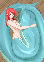 1girl absurdres breasts curled_up closed_eyes highres lamia medium_breasts medium_hair monster_girl navel nude pointy_ears red_hair smile solo vore