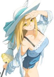 Rule 34 | 1girl, absurdres, arm up, artist name, blonde hair, blue ribbon, blue shirt, blue shorts, blue tank top, blurry edges, blush, breasts, cleavage, closed mouth, closed umbrella, collarbone, commentary request, cowboy shot, dated, frilled tank top, from above, from side, gingham, gingham shirt, hair between eyes, hat, hat ribbon, head tilt, highres, holding, holding umbrella, hz (helu 2), large breasts, light smile, long hair, long sleeves, looking at viewer, looking to the side, looking up, open clothes, open shirt, original, ribbon, shading eyes, shirt, short shorts, shorts, signature, simple background, single bare shoulder, single off shoulder, solo, split mouth, standing, strap gap, sun hat, tank top, turning head, umbrella, white background, white hat, yellow eyes
