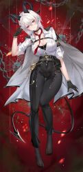 1girl ahoge armband black_armband black_choker black_gloves black_horns black_jacket black_pants black_pantyhose black_tail breasts chain chinese_commentary choker cleavage closed_mouth commentary_request curled_horns demon_tail feet full_body gloves hair_between_eyes hand_up high-waist_pants highres horns jacket jacket_on_shoulders large_breasts long_hair looking_at_viewer loose_necktie melailai mole mole_under_eye multicolored_hair necktie pants pantyhose partially_unbuttoned red_background red_eyes red_necktie shirt shirt_tucked_in signature solo streaked_hair tail thigh_gap tight_clothes tight_pants toes white_hair white_shirt wuthering_waves zani_(wuthering_waves)