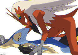 bad_id bad_pixiv_id blaziken blue_eyes commentary_request creature creatures_(company) eye_contact feet_out_of_frame furry game_freak gen_3_pokemon gen_8_pokemon highres inteleon interspecies looking_at_another nintendo pokemon pokemon_(creature) pokephilia signature simple_background white_background yellow_eyes yukari_(yukari21653710)