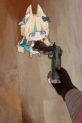 1girl ahoge animal_ear_fluff animal_ears blonde_hair blue_eyes blue_hair cat_ears chibi dress fins fish_girl fish_tail go_do_a_crime_(meme) gun handgun highres holding holding_gun holding_gun_barrel holding_weapon indie_virtual_youtuber long_hair long_sleeves low_twintails meme multicolored_hair nash65 one_side_up pov sameko_saba streaked_hair tail twintails very_long_hair virtual_youtuber weapon white_dress