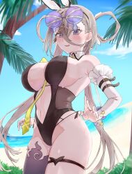 1girl animal_ears arm_strap bare_shoulders beach black_one-piece_swimsuit blush bow bracelet breasts bridal_gauntlets cleavage clothing_cutout cowboy_shot curvy elbow_gloves eyewear_on_head fake_animal_ears fate/grand_order fate_(series) gloves gradient_hair green_hair green_necktie grey_hair groin hair_bow hair_ornament hair_rings hairclip hi_14you highleg highleg_one-piece_swimsuit highres hooves huyan_zhuo_(fate) huyan_zhuo_(swimsuit)_(fate) jewelry large_breasts long_hair looking_at_viewer multicolored_hair navel necktie novelty_glasses ocean one-piece_swimsuit plunging_neckline purple-tinted_eyewear purple_eyes rabbit_ears sideboob single_thighhigh stomach strap_pull sunglasses swimsuit tachi-e thick_thighs thigh_strap thighhighs thighs tinted_eyewear twintails white_gloves wide_hips