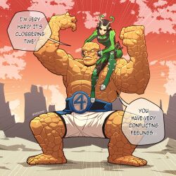 1boy 1girl absurdres alien antennae ben_grimm black_eyes black_hair colored_skin fantastic_four guardians_of_the_galaxy highres long_hair mantis_(marvel) marvel marvel_cinematic_universe marvel_rivals muscular muscular_male open_mouth rock superhero_costume teeth thirdphp