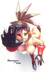 1girl armor armored_gloves ass bare_shoulders black_hair boots breasts crack cracked_glass earrings functionally_nude hair_ornament highres jewelry large_breasts leaning_forward long_hair long_pointy_ears looking_at_viewer multicolored_hair nipples pchaos720_(bananagaari) pointy_ears shantae_(series) shantae_and_the_seven_sirens white_hair zapple_(shantae)