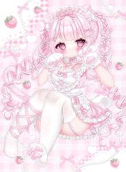 Rule 34 | 1girl, animal ear fluff, animal ears, animal hands, apron, blush, bow, breasts, cleavage, closed mouth, criss-cross halter, dress, food, fruit, garter straps, gloves, hair bow, hair ornament, halterneck, headdress, highres, hinane 25, large breasts, long hair, looking at viewer, original, paw gloves, pink bow, pink dress, pink eyes, pink hair, short dress, solo, strawberry, thighhighs, thighs, twintails, white apron, white gloves, white thighhighs