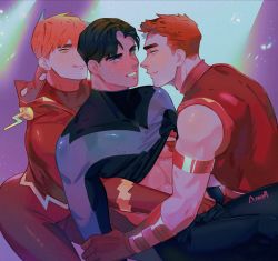 3boys abs armlet bananakiiwi batman_(series) black_bodysuit black_hair blue_eyes blush bodysuit clothes_lift dc_comics dick_grayson gloves green_eyes grey_bodysuit groping group_sex hand_under_clothes highres jewelry licking_lips lifting_another&#039;s_clothes looking_at_another looking_at_viewer male_focus mmm_threesome multiple_boys muscular muscular_male orange_hair pectorals red_arrow red_bodysuit red_gloves red_shirt roy_harper shirt short_hair sleeveless sleeveless_shirt smile teeth the_flash threesome tongue tongue_out two-tone_bodysuit wally_west yaoi young_justice
