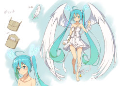1girl ahoge ankle_bell aqua_eyes aqua_hair bag barefoot beek dress feathers female_focus full_body green_hair hatsune_miku long_hair solo strapless strapless_dress twintails very_long_hair vocaloid white_dress wings