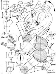 1girl absurdres ass barefoot blueprint_(medium) breasts cecilia_immergreen commentary completely_nude doll doll_joints english_commentary feet highres hololive hololive_english joints looking_at_viewer looking_to_the_side lower_teeth_only monochrome nipples nkonya nude open_mouth short_hair simple_background small_breasts smile solo teeth turning_head virtual_youtuber white_background winding_key