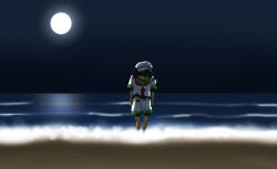 1girl beach black_hair commentary_request full_body full_moon hair_over_eyes hat moon murasa_minamitsu neckerchief night ocean onikobe_rin outdoors red_neckerchief sand shirt short_hair short_sleeves shorts solo standing touhou water waves white_hat white_shirt white_shorts