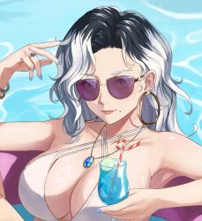 Rule 34 | 1girl, bare shoulders, bikini, black hair, blue nails, cherng, commission, cup, cupping glass, drinking straw, earrings, highres, holding, holding cup, hoop earrings, jewelry, long hair, mole, multicolored hair, nail polish, original, pendant, pink lips, smile, solo, sunglasses, swimsuit, two-tone hair, upper body, white bikini, white hair