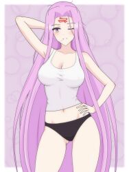 1girl absurdly_long_hair absurdres arm_behind_head black_panties blush border breasts closed_mouth collarbone commentary crop_top dani_(angrymatthew) english_commentary eyebrows_hidden_by_hair eyes_visible_through_hair facial_mark facing_viewer fate/grand_order fate/stay_night fate_(series) forehead_mark hair_in_own_mouth hand_on_own_hip highres large_breasts long_bangs long_hair looking_at_viewer medusa_(fate) medusa_(rider)_(fate) messy_hair one_eye_closed outside_border panties parted_bangs purple_background purple_eyes purple_hair solo standing tank_top thighs underwear very_long_hair white_border