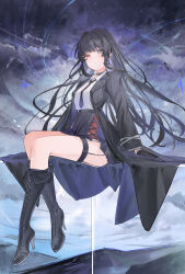 1girl absurdres black_boots black_choker black_coat black_gloves black_hair black_necktie black_skirt boots breasts choker closed_mouth cloud cloudy_sky coat collar collared_shirt commentary flantia gloves grey_eyes heterochromia high_heel_boots high_heels highres knee_boots light_smile long_coat long_hair long_sidelocks long_sleeves looking_at_viewer medium_breasts necktie original red_eyes shirt sidelocks sitting skirt sky thigh_strap thighs white_collar white_shirt