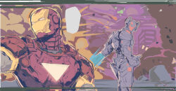 2boys 7_passes arc_reactor armor avengers_(series) building commentary cowboy_shot english_commentary explosion full_armor grey_armor iron_man laser male_focus marvel marvel_rivals michel_teru multicolored_armor multiple_boys power_armor red_armor robot rock skyscraper smoke standing superhero_costume ultron upper_body yellow_armor