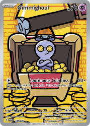 antennae artist_name card_(medium) character_name closed_mouth coin company_name copyright_name copyright_notice english_text gholdengo gimmighoul gimmighoul_(chest) gold_coin komayama_akira nintendo official_art pokemon pokemon_(creature) pokemon_card pokemon_focus pokemon_tcg smile third-party_source trading_card