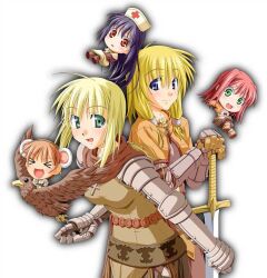 &gt;_&lt; 5girls :d acolyte_(ragnarok_online) animal_ears armor armored_dress bird blonde_hair blue_eyes blush bow bow_bra bra breasts brown_cape brown_capelet brown_dress brown_hair brown_jacket brown_shirt brown_shorts cape capelet chest_guard chibi chibi_inset closed_mouth commentary_request cowboy_shot dress fake_animal_ears gauntlets green_eyes hair_intakes hair_tubes hat hawk holding holding_sword holding_weapon hunter_(ragnarok_online) jacket knight_(ragnarok_online) kumatyu long_hair long_sleeves looking_at_viewer medium_breasts medium_hair multiple_girls nurse_cap open_mouth pauldrons pink_hair purple_hair ragnarok_online red_bow red_eyes shirt shoes short_hair shorts shoulder_armor shrug_(clothing) simple_background skirt smile sword swordsman_(ragnarok_online) thief_(ragnarok_online) translation_request underwear weapon white_background white_bra white_capelet white_jacket white_skirt xd