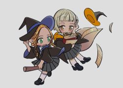 2girls black_footwear black_headwear black_jacket blue_necktie blush book braid broom broom_surfing brown_eyes chibi collared_shirt dungeon_meshi elf falin_touden falin_touden_(tallman) full_body grey_background grey_skirt hand_on_headwear harry_potter_(series) hat hat_loss highres hogwarts_school_uniform holding holding_book hood hooded_jacket hufflepuff jacket kneehighs loafers long_hair long_sleeves looking_at_another looking_back marcille_donato miniskirt multiple_braids multiple_girls multiple_riders necktie paper pleated_skirt pointy_ears ravenclaw rudnftoqur school_uniform shirt shoes short_hair sidesaddle simple_background skirt smile socks striped_necktie twintails two-sided_fabric two-sided_headwear two-sided_jacket unworn_hat unworn_headwear white_legwear white_shirt wide_sleeves witch_hat wizarding_world yellow_necktie