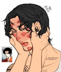 Rule 34 | 1boy, beard stubble, black hair, blush, brown eyes, closed mouth, facial hair, hand on another&#039;s face, highres, lee31eexhao, lee eun-tae, lipstick, lipstick mark, lipstick mark on face, lookism, makeup, male focus, mustache stubble, photo-referenced, short hair, shoulder tattoo, simple background, stubble, tattoo, too many lipstick marks, white background