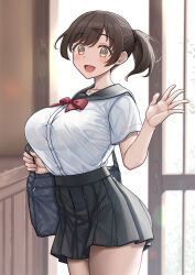 1girl :d bag black_sailor_collar black_skirt bow bowtie breasts buttons collarbone commentary_request entrance hand_up highres large_breasts open_mouth original pleated_skirt red_bow red_bowtie sailor_collar school_bag school_uniform serafuku shirt short_sleeves skirt smile solo standing temakizushi_(temakizushisand) thighs waving white_shirt
