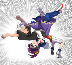 2boys :d afterimage asatsuki_(fgfff) blue_pants blue_socks closed_eyes closed_mouth commentary_request drayton_(pokemon) emphasis_lines expressionless from_side highres jacket kieran_(pokemon) male_focus motion_blur motion_lines multicolored_hair multiple_boys nintendo open_mouth pants pokemon pokemon_sv red_shirt shirt shoes shorts smile socks streaked_hair suplex white_background white_hair white_jacket white_shoes white_shorts yellow_eyes
