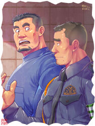 2boys armband bara beard beard_stubble black_hair black_necktie blue_shirt brown_hair bunta_ru facial_hair highres mature_male multiple_boys necktie open_mouth original pocket police police_uniform policeman shirt short_hair stubble thick_eyebrows upper_body very_short_hair yaoi
