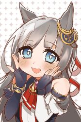 1girl absurdres animal_ears blue_eyes blunt_bangs blush chrono_genesis_(umamusume) commentary_request detached_sleeves fingerless_gloves gloves grey_hair hair_between_eyes hair_ornament hands_on_own_cheeks hands_on_own_face highres horse_ears horse_girl long_hair looking_at_viewer open_mouth phidae_hydro portrait solo umamusume white_background