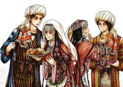 2boys 2girls black_hair bread brothers brown_eyes child_marriage dumpling eating farsami food holding holding_food husband_and_wife laila_(otoyomegatari) leyli_(otoyomegatari) long_braid long_hair looking_at_another meat multiple_boys multiple_girls narukoinu open_mouth otoyomegatari ribs_(food) rice sarmaan sharing_food siblings sisters tajik_clothes twins very_long_hair white_background white_turban