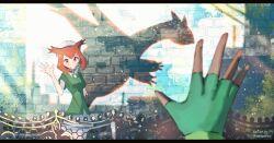 ash_ketchum bianca_(pokemon_heroes) fingerless_gloves gen_3_pokemon gloves green_gloves green_shirt hat latias legendary_pokemon nintendo pokemon pokemon_(anime) pokemon_(classic_anime) pokemon_(creature) pokemon_heroes:_latios_&amp;_latias pov red_hair shadow shirt twitter_username white_hat zeroartwo