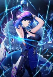 1girl armpits arms_up asymmetrical_gloves bead_bracelet bead_necklace beads bob_cut bodysuit bracelet breasts cleavage_cutout clothing_cutout coat cowboy_shot dice elbow_gloves fingerless_gloves fishnets fur-trimmed_coat fur_trim gao_kawa genshin_impact gloves highres jewelry large_breasts mole mole_on_breast necklace short_hair single_elbow_glove solo white_coat yelan_(genshin_impact)