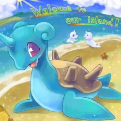beach blue_eyes blue_sky choko_(sweetpocket) cloud cloudy_sky commentary_request creature creature_focus creatures_(company) day dewgong english_text fangs full_body game_freak gen_1_pokemon happy horns in_water island lapras nintendo no_humans ocean open_mouth outdoors pokemon pokemon_(creature) rainbow red_eyes sand seel shore single_horn sky smile sparkle staryu sun water