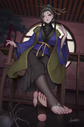 Rule 34 | 1girl, barefoot, black hair, black myth: wukong, bug, chinese clothes, feet, fourth sister (black myth: wukong), highres, long hair, looking at viewer, makeup, runny makeup, soles, spider, stirrup legwear, toeless legwear, toes, xiumu bianzhou